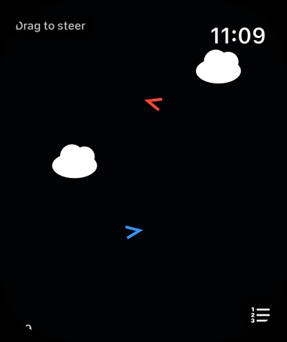 Dogfight running on Apple Watch with two aircraft and cloud cover