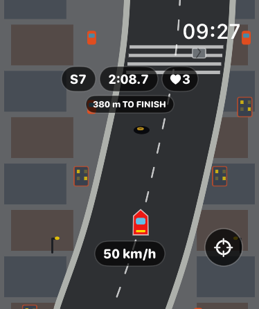 Tilt Racer gameplay in the City scene with buildings, sidewalks, street furniture and an oil hazard