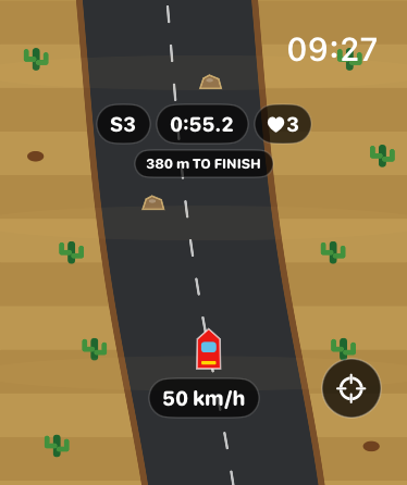 Tilt Racer gameplay in the Desert scene with sand bands, cacti and rock hazards