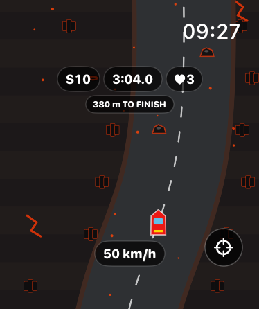 Tilt Racer gameplay in the Volcanic scene with dark ash, lava cracks, embers and basalt hazards