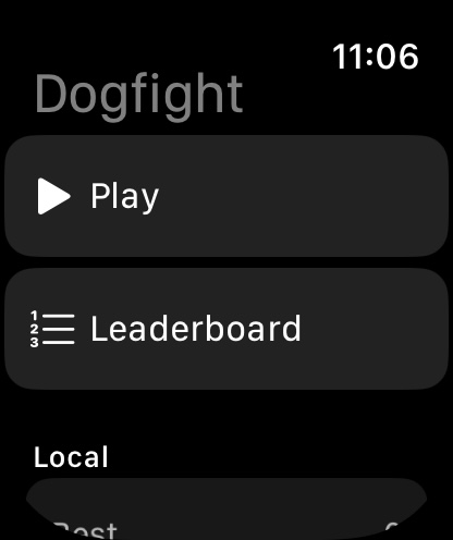 Dogfight main menu on Apple Watch with Play, Leaderboard and local score summary